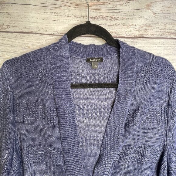 Talbots Women Linen Cardigan Size Large Blue Pockets Open Coastal Capsule - Picture 4 of 11